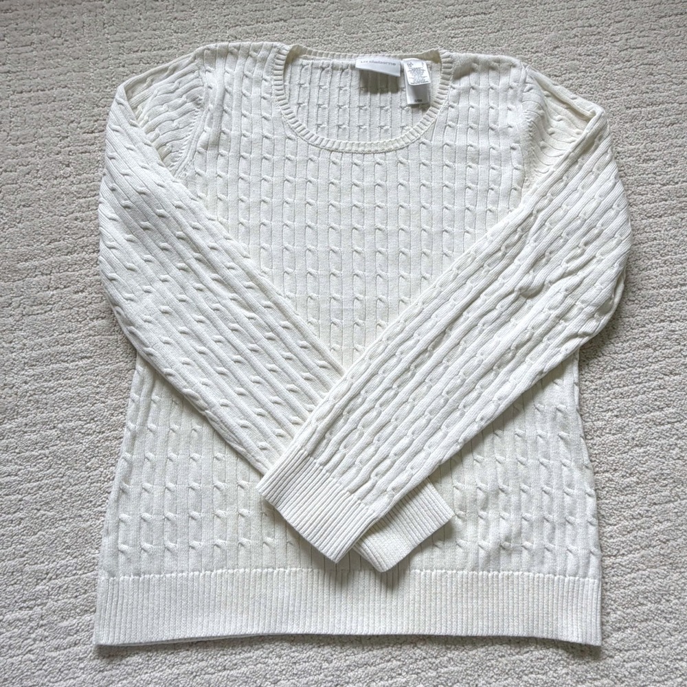 Liz Claiborne Cream Cable Knit Cotton Scoop Neck Sweater Large Classic Heritage‎